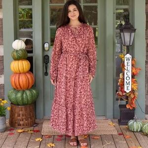 Laurel Gray Floral Long Sleeve Ruffle  Women's Maxi Dress Size XL